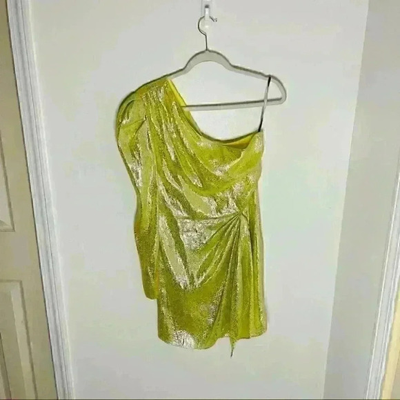 NEW Monique Lhuillier One Shoulder Citron Metallic Dress Wedding Formal Silk - Picture 2 of 8